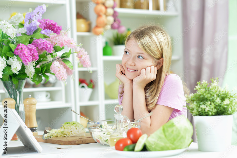 Portrait of cute girl preparing fresh salad Portrait of cute girl preparing fresh salad