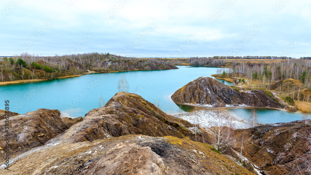 Abandoned coal quarries with lake near Konduki village, Tula oblast, Romantsevskie mountains, Russia