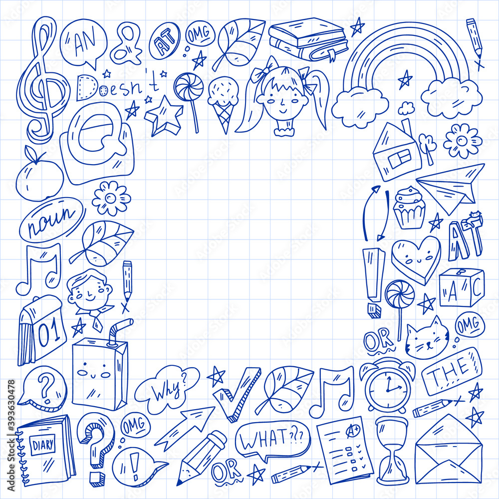 Fototapeta premium Back to school. Vector illustration with icons about education. English learning. Online internet courses.