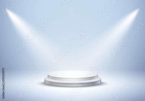 Podium stand on light blue studio background. White circle plinth, pillar or display stage. Vector empty prize pedestal with projector beams