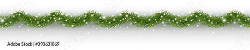 Border with green fir branches, snow isolated on white background. Pine, xmas evergreen plants seamless banner. Vector Christmas tree garland decoration