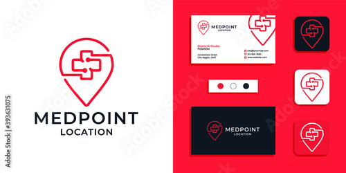 Plus medical sign with location logo icon and business card design template 