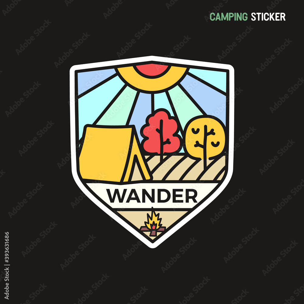 Camping adventure sticker design. Travel hand drawn patch. Wander label isolated. Stock vector badge