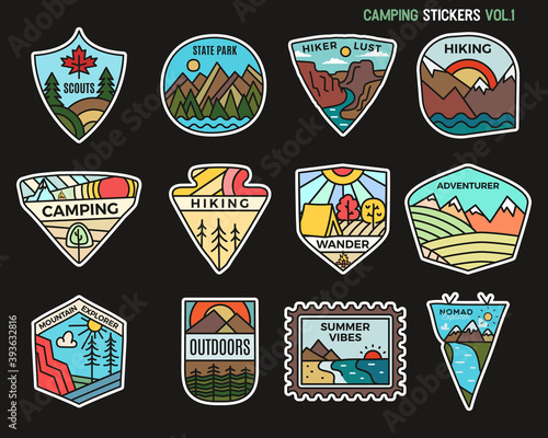 Camping adventure sticker design bundle. Travel hand drawn patches. Mountain outdoor labels isolated collection. Stock vector badges set