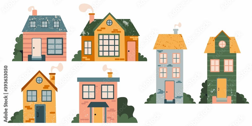 Cartoon Cottage set. Hand drawn home facade with texture frond view, cute bright townhouse and family house in countryside collection, real estate modern design flat vector isolated illustration