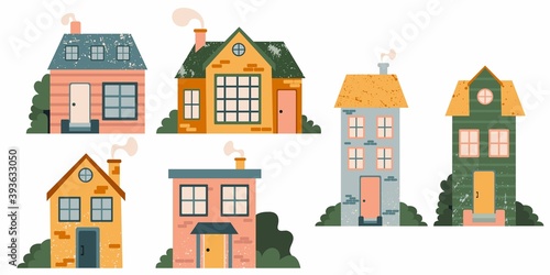 Cartoon Cottage set. Hand drawn home facade with texture frond view, cute bright townhouse and family house in countryside collection, real estate modern design flat vector isolated illustration
