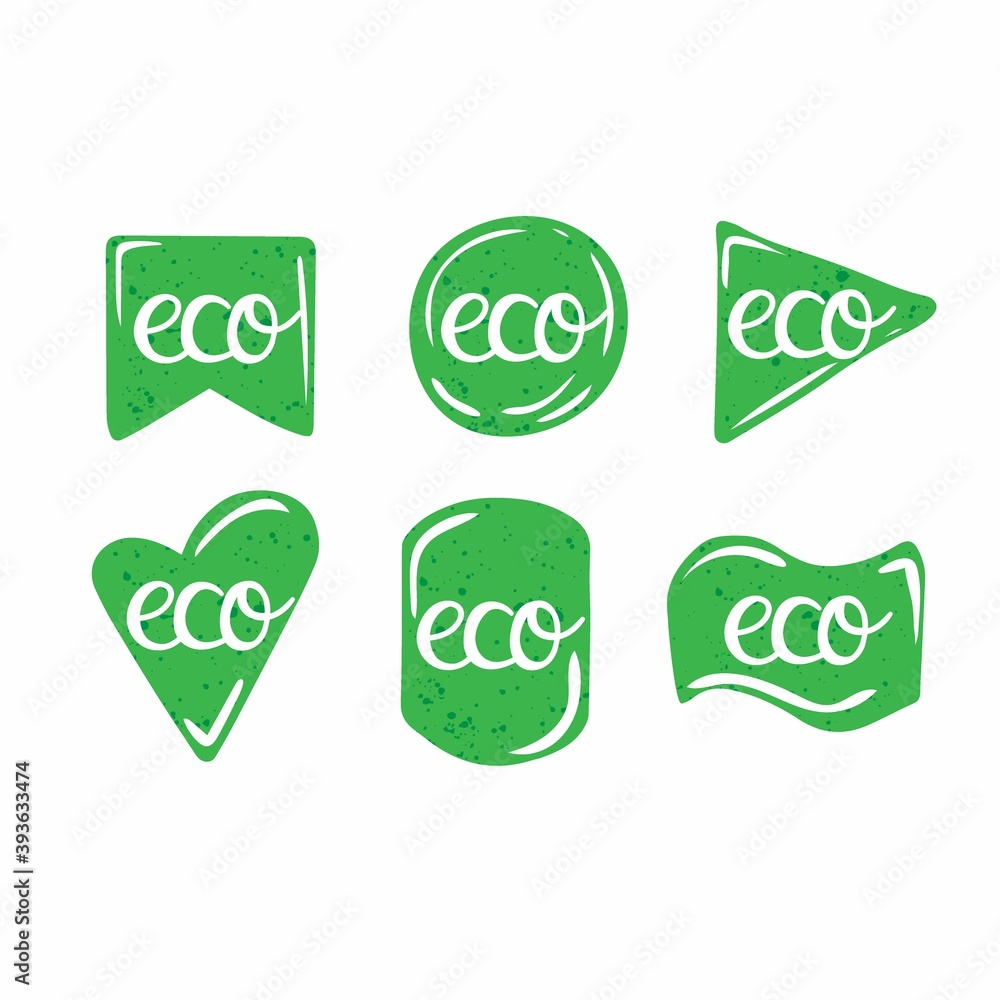 Eco labels. Oganic green geometric forms, bio products stamps collection, ecology friendly emblem set, quality product badge promotion decoration element hand drawn illustration Eco labels. Oganic green geometric forms, bio products stamps collection, ecology friendly emblem set, quality product badge promotion decoration element hand drawn illustration