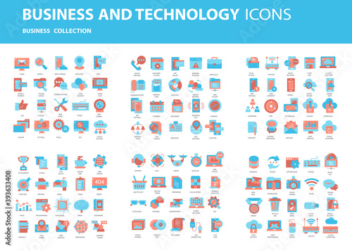 Set vector icons with elements for mobile concepts and web apps. Business and marketing, programming, data management, internet connection, social network, computing, information. Vector 