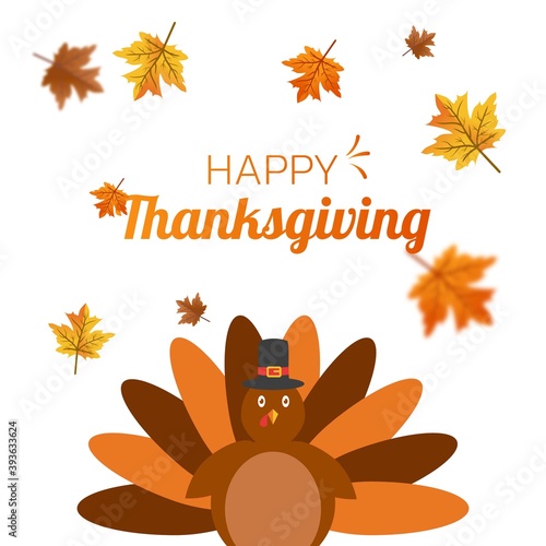 Editable square banner design. Happy thanksgiving with turkey and autumn leaf. Usable for social media, banner, and web.