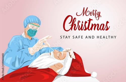Merry Christmas greetings. Santa Claus doing swab test, covid-19 corona virus concept as a Christmas holiday season. vector illustration