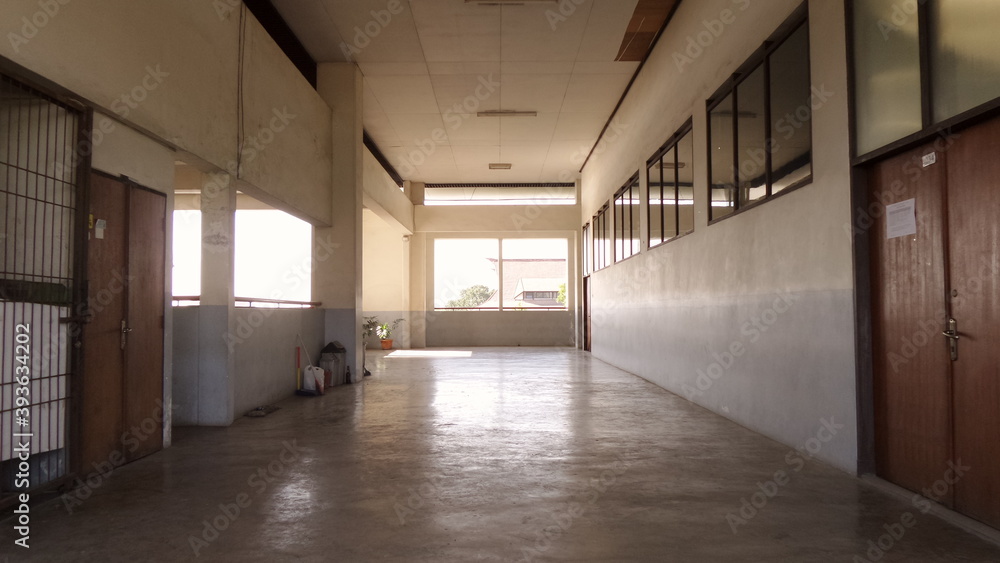Vintage Background of Empty Campus Hallway with front daylight