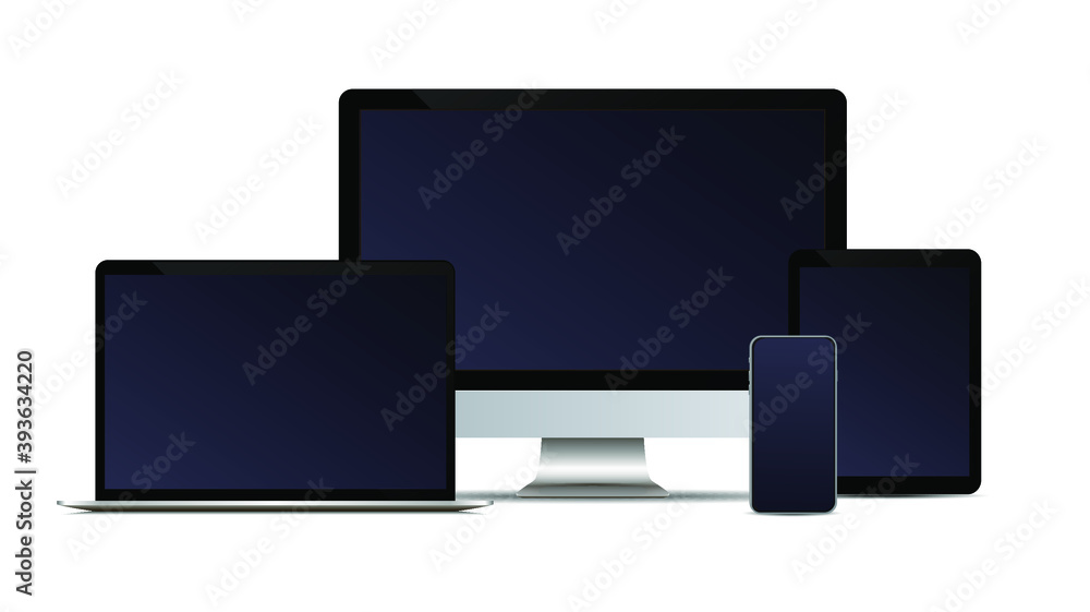 Realistic vector. Device set: monitor laptop, tablet and phone template Realistic vector. Device set: monitor laptop, tablet and phone template