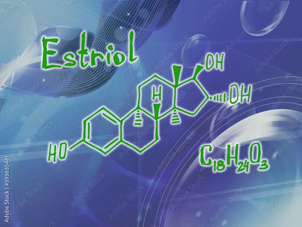 Fototapeta premium Chemical molecular formula of the hormone Estriol k . Infographics. Abstract bright glitter blue background.