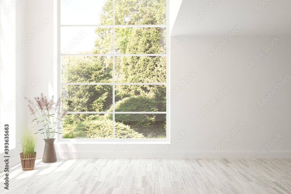 Fototapeta premium White empty room with summer landscape in window. Scandinavian interior design. 3D illustration