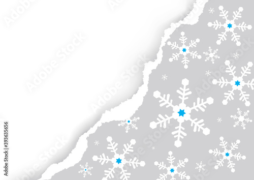 Christmas ripped paper, grey background with snowflakes.
Illustration of light gray torn paper background with place for your text or image. Vector available.