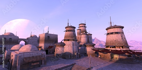 Futuristic Sci-fi scene. Desert outpost against pink alien sky. Stone towers with neon lights. Retro future wallpaper. Photorealistic 3D illustration.