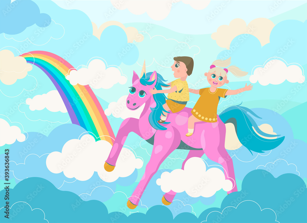 Children ride a unicorn in the clouds. Children illustration with rainbow in vector. Children ride a unicorn in the clouds. Children illustration with rainbow in vector.