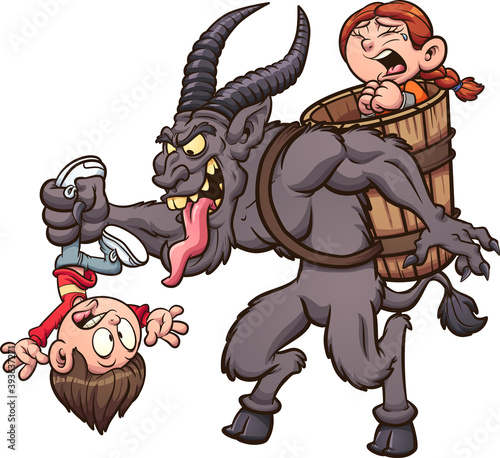 Cartoon Krampus character kidnapping a couple of kids. Vector clip art illustration with simple gradients. Some elements on separate layers.
