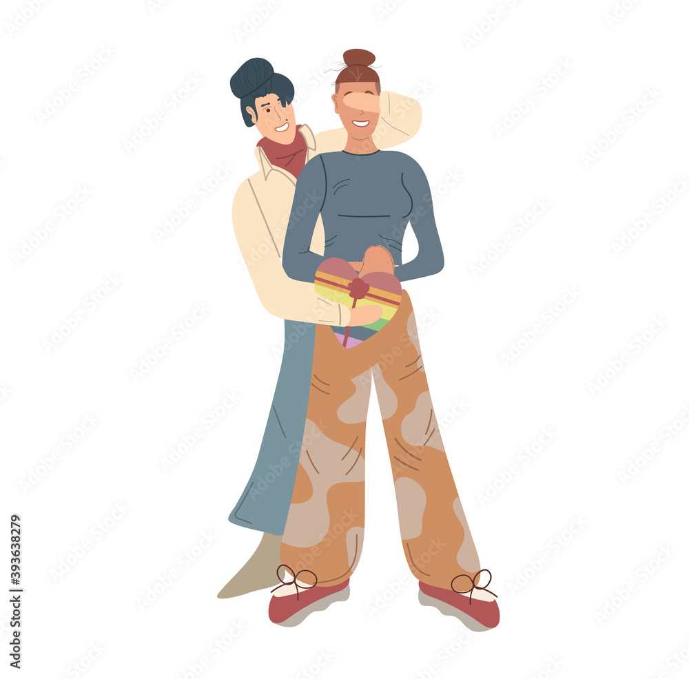 Lesbian girl make a surprise for her partner on valentine's day. Homosexual lgbt teenagers in casual closing with lgbt symbolic.Date in homosexual relationships.FLat illustration isolated on white.