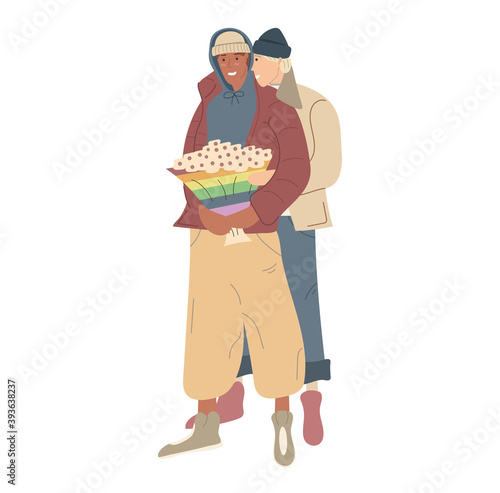 Cute gay lgbt teenagers on their first date give flowers. Homosexual teenagers in casual closing with lgbt symbolic. Interracial youth couple. African American lgbt kid.