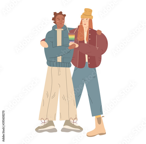 Happy lesbian lgbt young couple on their first first date. Homosexual teenagers in casual closing with lgbt symbolic. Interracial youth gay couple. Flat vector illustration.