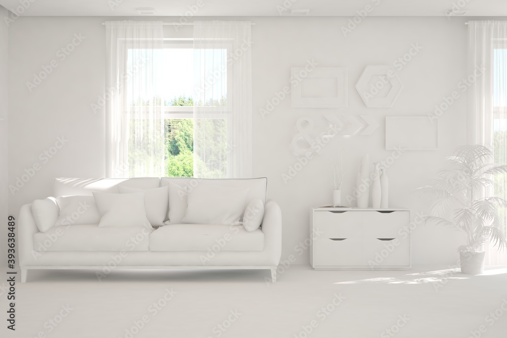 White minimalist living room with sofa. Scandinavian interior design. 3D illustration White minimalist living room with sofa. Scandinavian interior design. 3D illustration