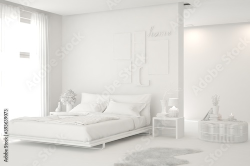 Modern bedroom in white color. Scandinavian interior design. 3D illustration