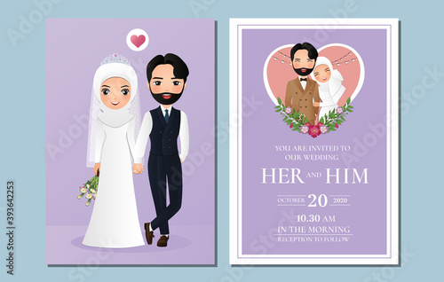  Wedding invitation card the bride and groom cute muslim couple cartoon  with beautiful flowers