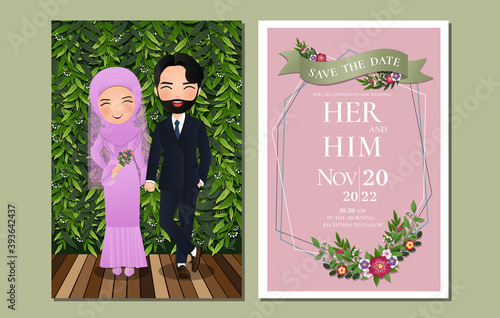  Wedding invitation card the bride and groom cute muslim couple cartoon character with green leaves background.Vector illustration 