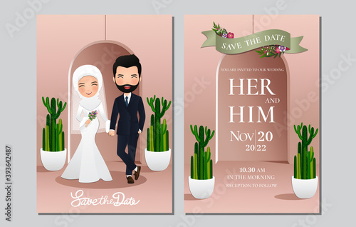  Wedding invitation card the bride and groom cute muslim couple cartoon character with green cactus and light pink background.Vector illustration 