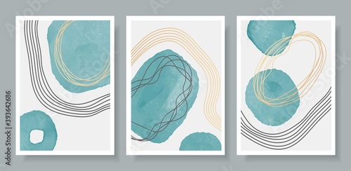 Abstract vector modern posters illustration hand drawn minimalist artwork watercolor background blue shapes circles. Contemporary artist.Design decorative mid century covers, social media page
