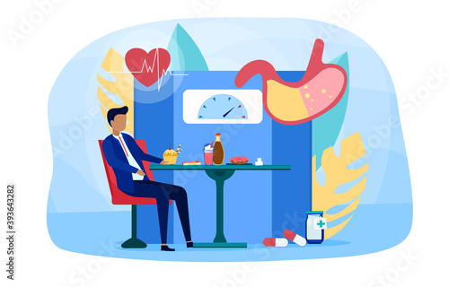 Obesity and unhealthy lifestyle concept. Vascular diseases and diabetes prevention. Man sitting at table, eating fast food. Flat cartoon vector illustration