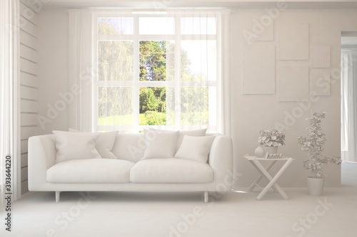 White living room with sofa and summer landscape in window. Scandinavian interior design. 3D illustration