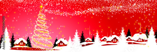 Christmas tree shines with lights on Christmas night. Christmas tree with lights and a star on a red winter background. Village houses covered with snow. Snowflakes, snow, forest. Winter snowy night 