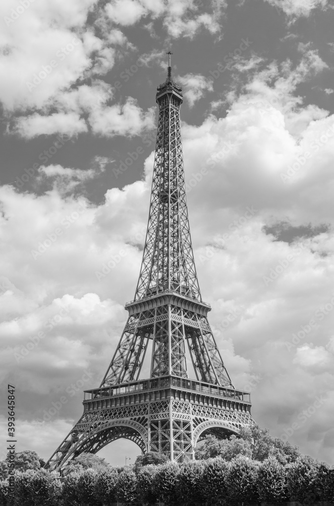 Beautiful Eiffel Tower of Paris standing alone in monochrome