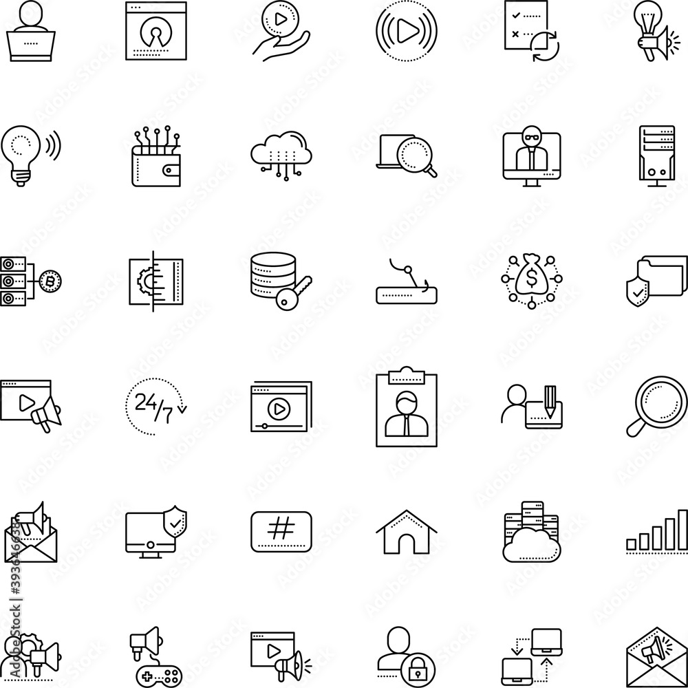 internet vector icon set such as: planning, damage, inventions, campaign, smart, monitoring, community, bank, loupe, automated, private, interoperability, volume, real, badge, assistance, magnifying