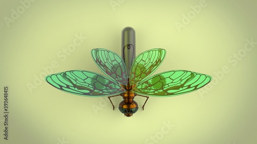 Steampunk green cooper and glass butterfly 3d model rendering illustration on green background