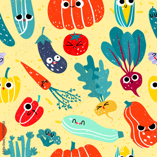 Vector seamless pattern of hand drawn stylized character vegetables