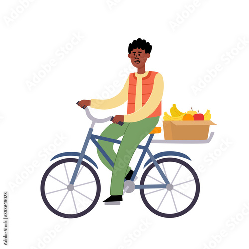 Vector illustration with male african cartoon character on bicycle