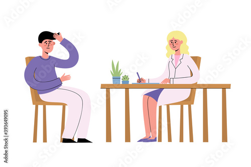 Vector illustration of doctor at table talking with complaining patient