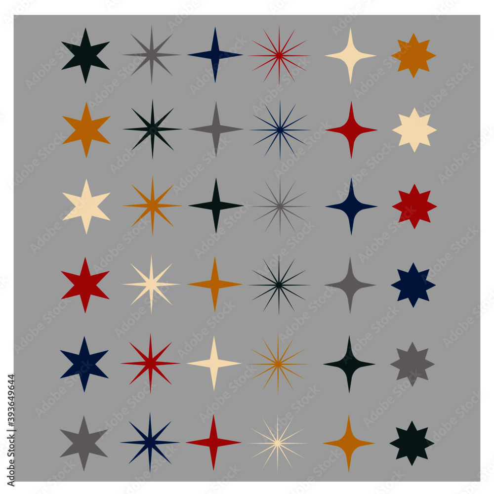 Set with lines of different colored christmas stars on grey background, holiday decoration, vectro graphic illustration, design for background, banner, postcard, poster Set with lines of different colored christmas stars on grey background, holiday decoration, vectro graphic illustration, design for background, banner, postcard, poster