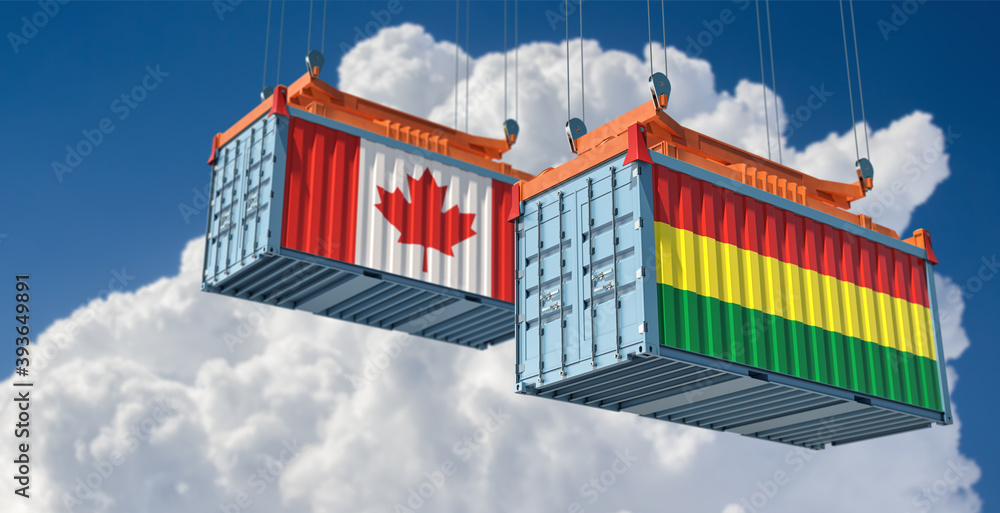 Freight containers with Canada and Bolivia national flags. 3D Rendering 