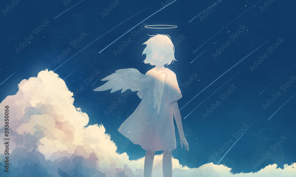 流星群を眺める天使の幻想的なイラスト Stock Illustration Adobe Stock