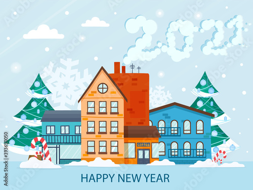 Happy New year, christmas holiday greeting card, poster, template, advertising. Urban landscape at snowy winter season. Cartoon flat vector illustration