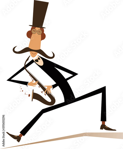 Cartoon long mustache saxophonist illustration isolated. Long mustache man in the top hat is playing music on saxophone with inspiration isolated on white