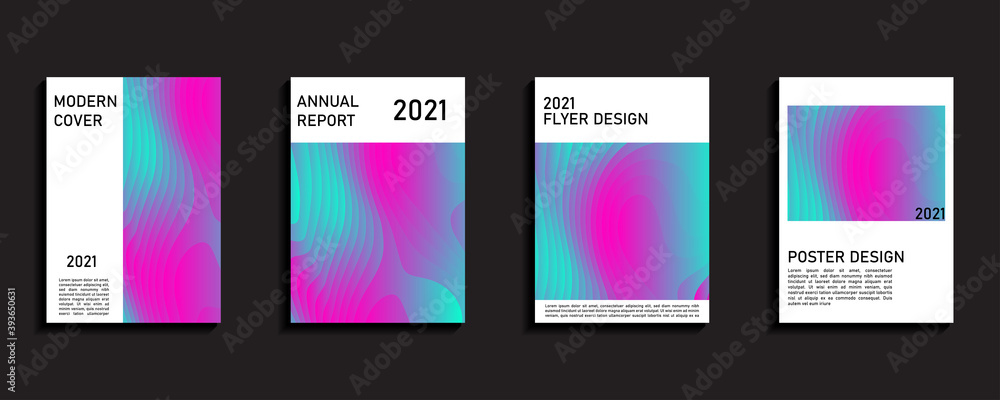 Set of covers design templates with bright wave background. Trendy modern design. Vector templates for annual report, poster, flyers, and book. Vector illustration.