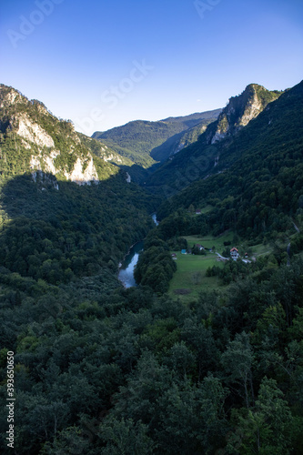 Montenegro. Picturesque canyon of the Tara river.Mountains surrounding the canyon.Forests on the slopes of the mountains.