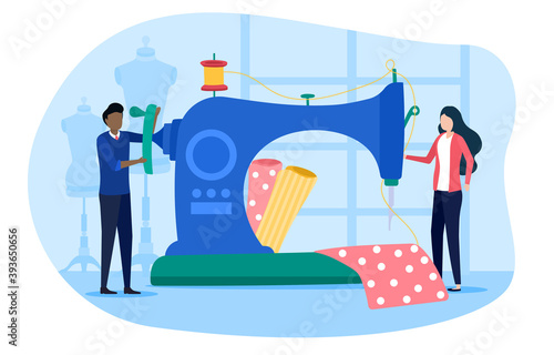 Sewing factory concept. Tiny diverse man and woman dressmakers, seamstress working on sewing machine in atelier or fabric. Cartoon flat vector illustration isolated on white background