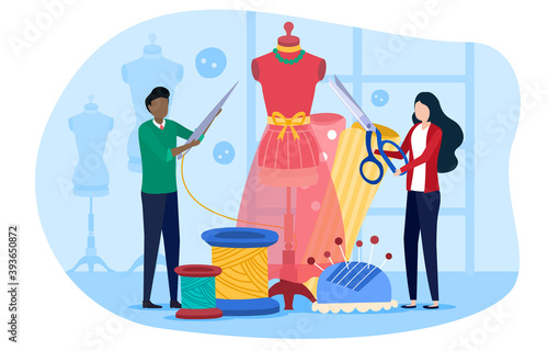 Sewing factory abstract concept. Tiny diverse man and woman dressmakers, seamstress working with mannequin in atelier or fabric. Cartoon flat vector Illustration with fictional characters