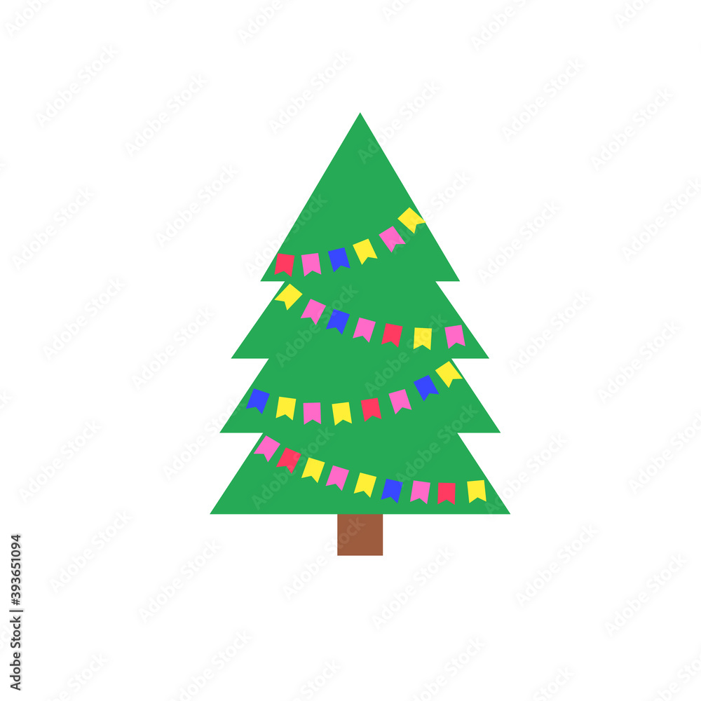Obraz premium A simple Christmas tree as a symbol of a happy New year, a merry celebration of the Christmas holiday. Light jewelry sparkles. Bright shiny vector design illustration. Flat style